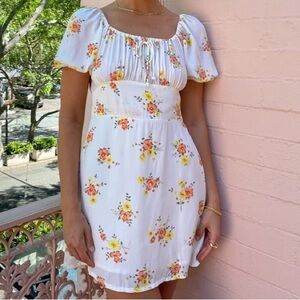 Faithfull the Brand White Floral Puff Sleeve Midi Dress - White, Orange, Yellow